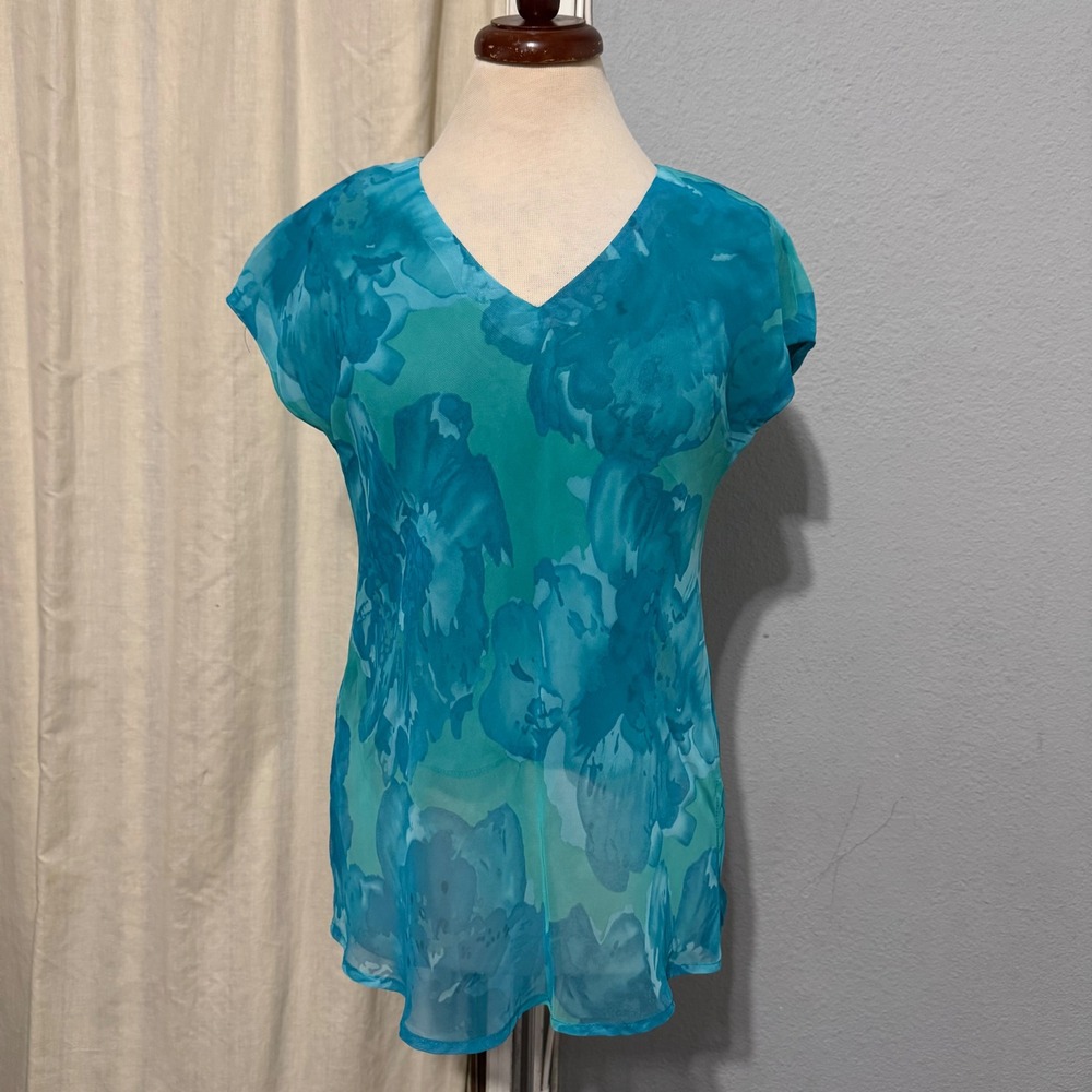 Y2K Rabbit Designs Teal Floral V-Neck Cap Sleeve Layered Top Size 6M Made in USA
